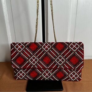 Plaid beaded clutch with shoulder strap